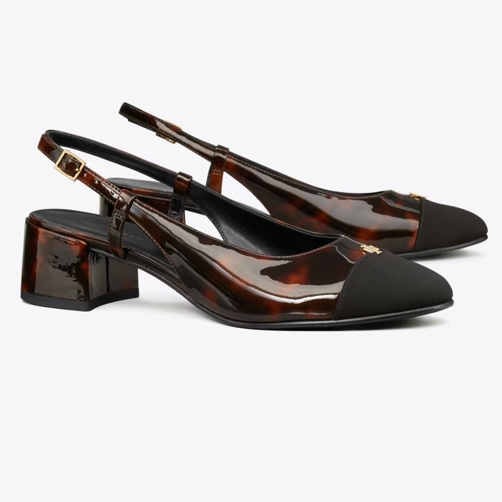 Tory Burch Tortoise Patent Cap-toe Slingback Pump